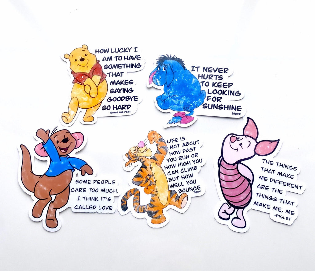 Winnie the Pooh, Tigger, Eeyore, Piglet and Roo Quote Stickers For Laptop, Bottle, Hydroflask, Phone, Hard Hat, Toolbox