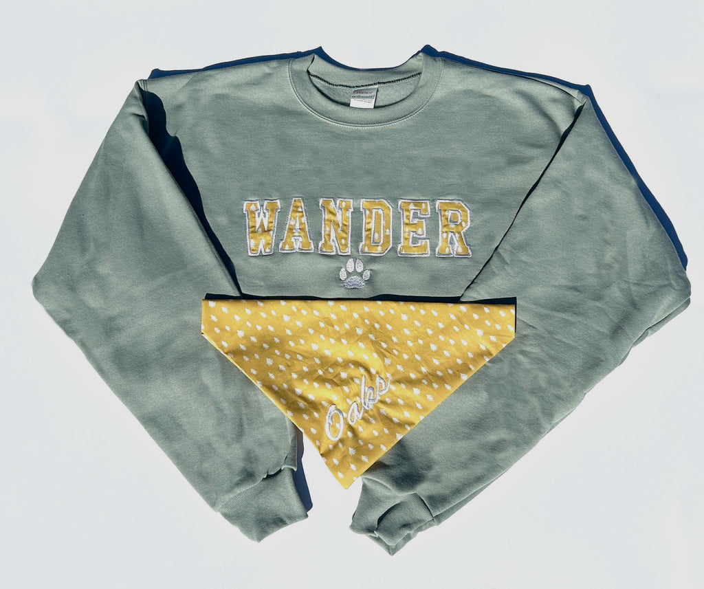 WANDER Sweatshirt and Matching Bandana Set – Custom Embroidered Trail Sweatshirt + Dog Bandana | Adventure Dog Outfit | Gift for Dog Lovers