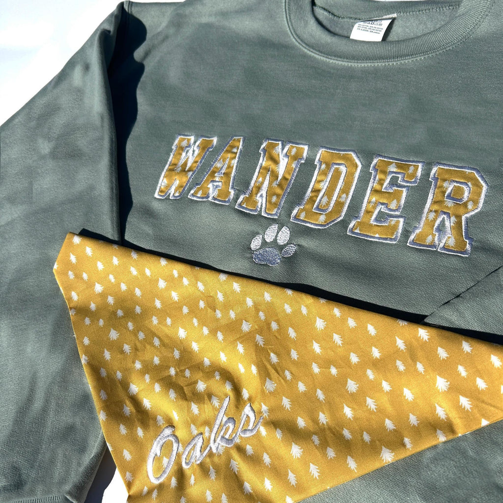 WANDER Sweatshirt and Matching Bandana Set – Custom Embroidered Trail Sweatshirt + Dog Bandana | Adventure Dog Outfit | Gift for Dog Lovers