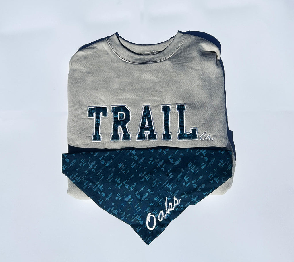 TRAIL Sweatshirt and Matching Bandana Set – Custom Embroidered Trail Sweatshirt + Dog Bandana | Adventure Dog Outfit | Gift for Dog Lovers