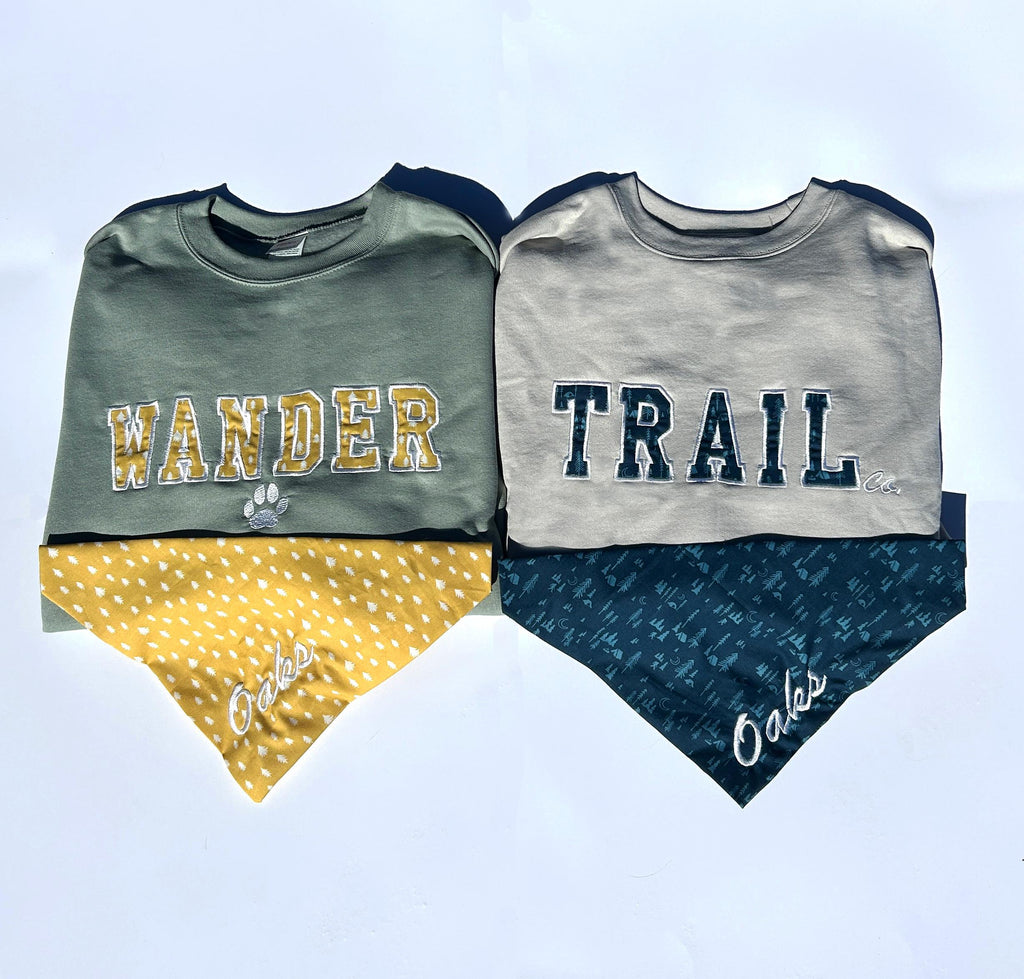 TRAIL Sweatshirt and Matching Bandana Set – Custom Embroidered Trail Sweatshirt + Dog Bandana | Adventure Dog Outfit | Gift for Dog Lovers
